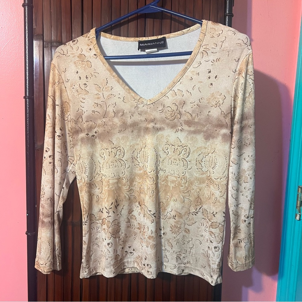 Marianne Beige and Tan Patterned Long Sleeve Top - VTG